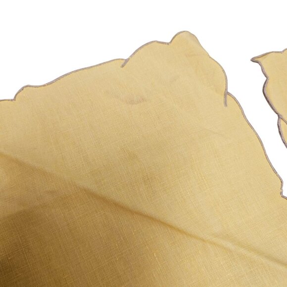 Vintage Yellow Embroidered Linen Napkins Set Of 3 13" Scalloped Edge - Picture 3 of 5